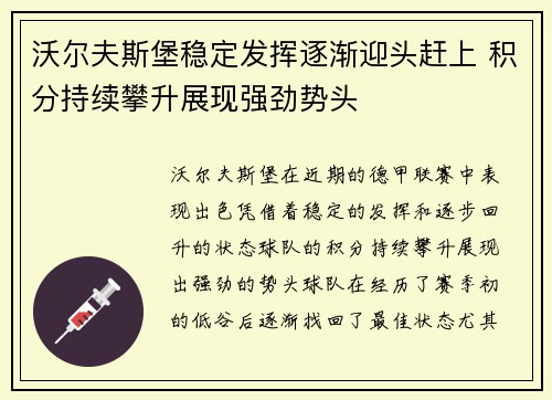 沃尔夫斯堡稳定发挥逐渐迎头赶上 积分持续攀升展现强劲势头