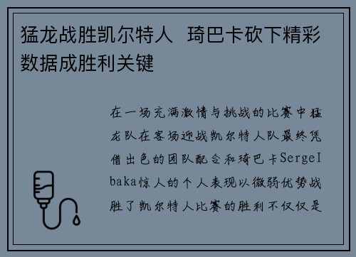 猛龙战胜凯尔特人  琦巴卡砍下精彩数据成胜利关键